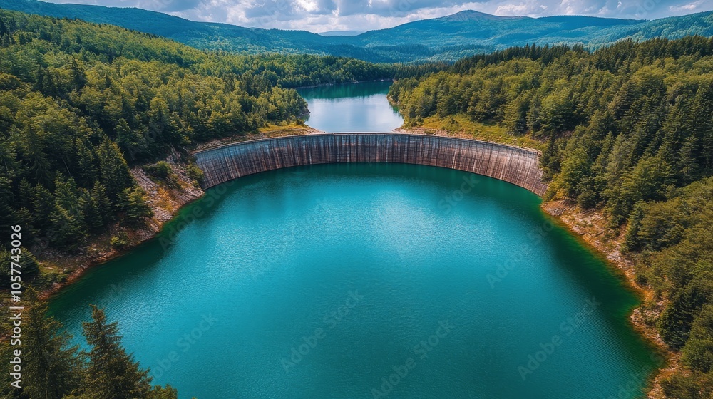 Obraz premium Scenic view of a tranquil reservoir surrounded by lush forests and mountains during daylight