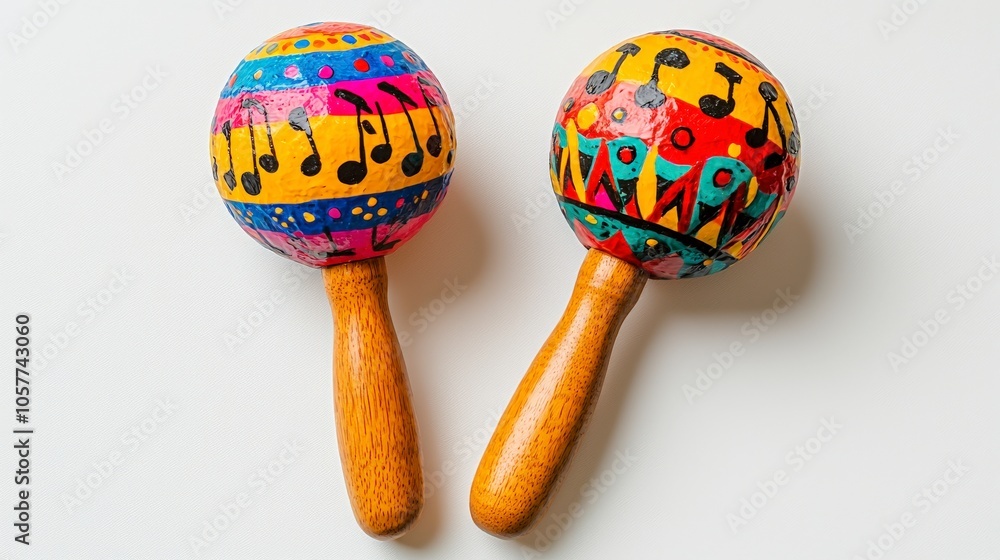 Two wooden maracas intricately painted with musical notes and eye-catching vibrant patterns, embodying the essence of musical culture and craftsmanship. Two wooden maracas intricately painted with musical notes and eye-catching vibrant patterns, embodying the essence of musical culture and craftsmanship.
