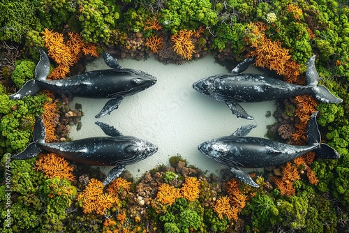 Majestic whales resting in vibrant coral sanctuary surrounded by lush greenery