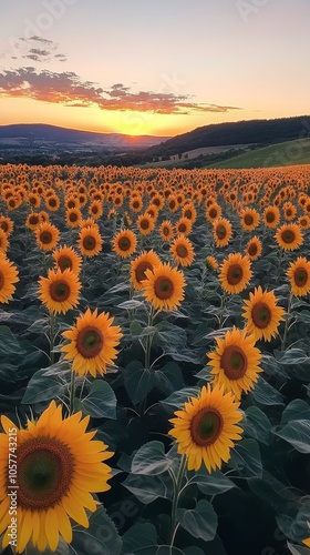 A vibrant field of sunflowers under a colorful sunset in a rural landscape