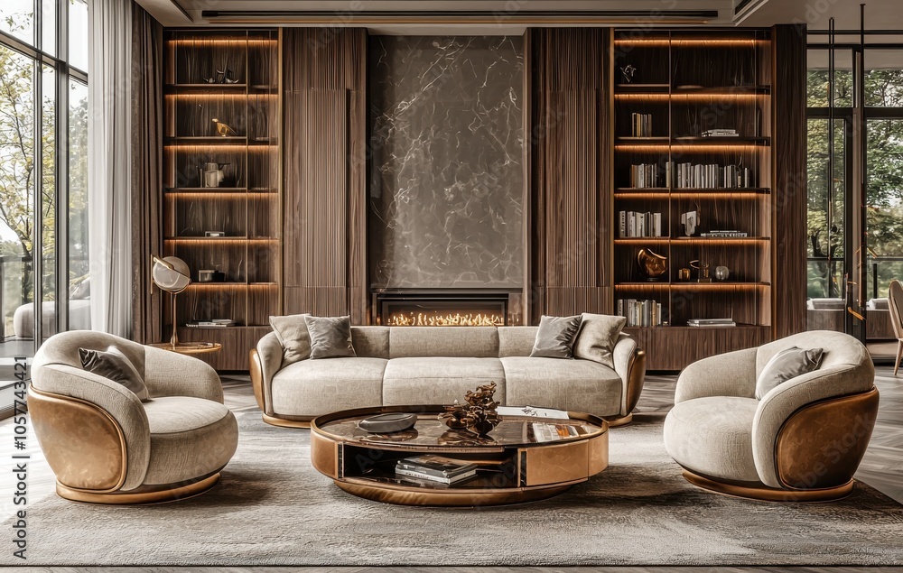 Modern living room with elegant sofa and armchairs, featuring stylish wall shelves and a cozy fireplace Modern living room with elegant sofa and armchairs, featuring stylish wall shelves and a cozy fireplace
