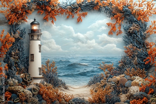 Fototapeta Naklejka Na Ścianę i Meble -  Lighthouse amidst vibrant coral reef and ocean waves framed by nature