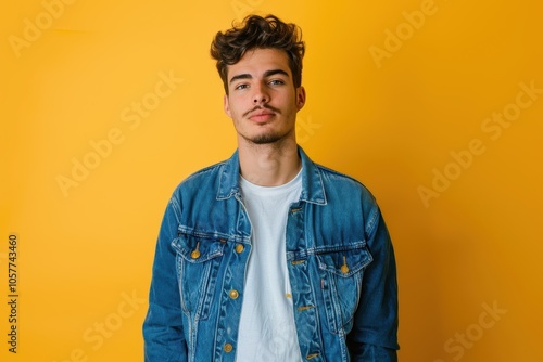 Modern Portrait of a Young Man in Denim Against Vibrant Yellow Background photo