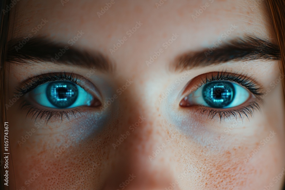 Captivating close-up of a person's dazzling blue eyes with digital effects Captivating close-up of a person's dazzling blue eyes with digital effects