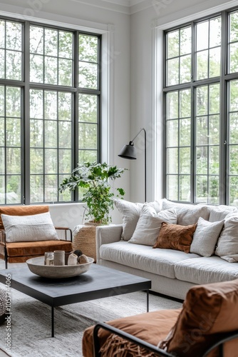 Modern minimalist living room with large windows and comfortable furniture
