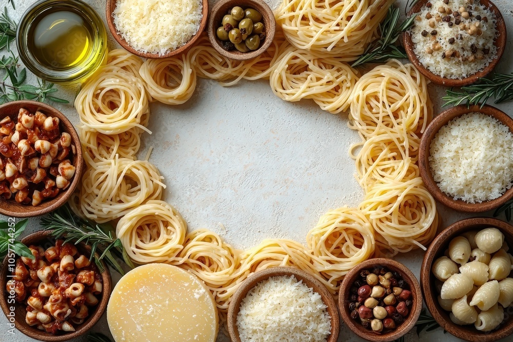 Assorted pasta and ingredients displayed around an empty centered space Assorted pasta and ingredients displayed around an empty centered space