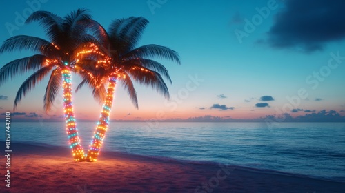 Twilight Tropical Christmas Holiday Beach Scene with Palm Trees Wrapped in Colorful String Lights and a Calm Ocean Horizon