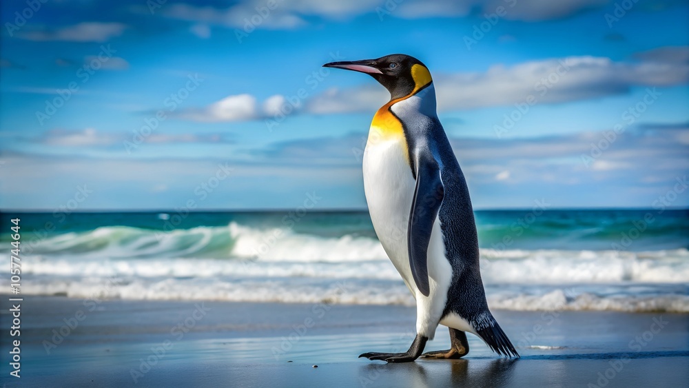 Naklejka premium king penguin walking beside the ocean beach. Generative AI.