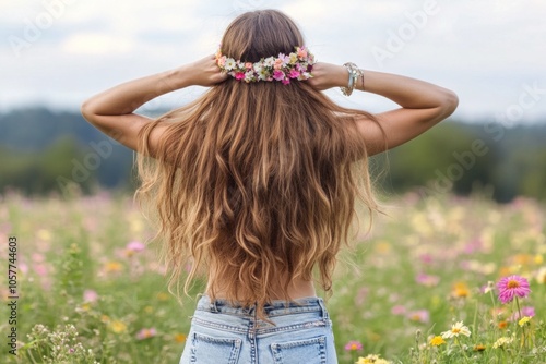Fototapeta Naklejka Na Ścianę i Meble -  Woman with long hair and floral crown in wildflower meadow