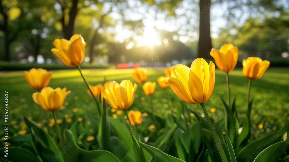 Bright yellow tulips create a stunning park display. Bright yellow tulips create a stunning park display.