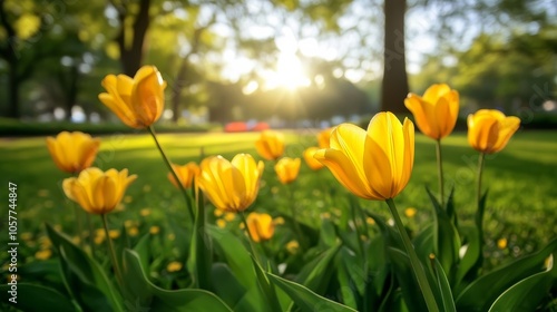 Bright yellow tulips create a stunning park display.