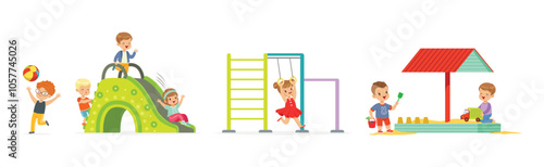 Funny Kids Playing at Playground and Have Fun Vector Set