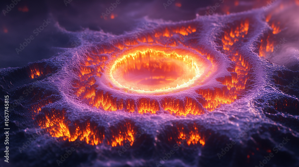 A mesmerizing view of a glowing volcanic crater surrounded by glowing lava and smoke at twilight A mesmerizing view of a glowing volcanic crater surrounded by glowing lava and smoke at twilight