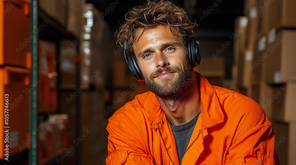Warehouse manager with headset, overseeing operations, real-time communication Warehouse manager with headset, overseeing operations, real-time communication