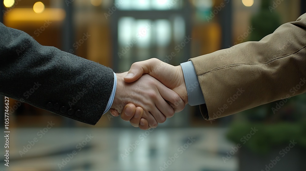 Dynamic business handshake between two professionals symbolizing trust and partnership, sharp focus on clasped hands with a blurred modern office setting in the background. Dynamic business handshake between two professionals symbolizing trust and partnership, sharp focus on clasped hands with a blurred modern office setting in the background.