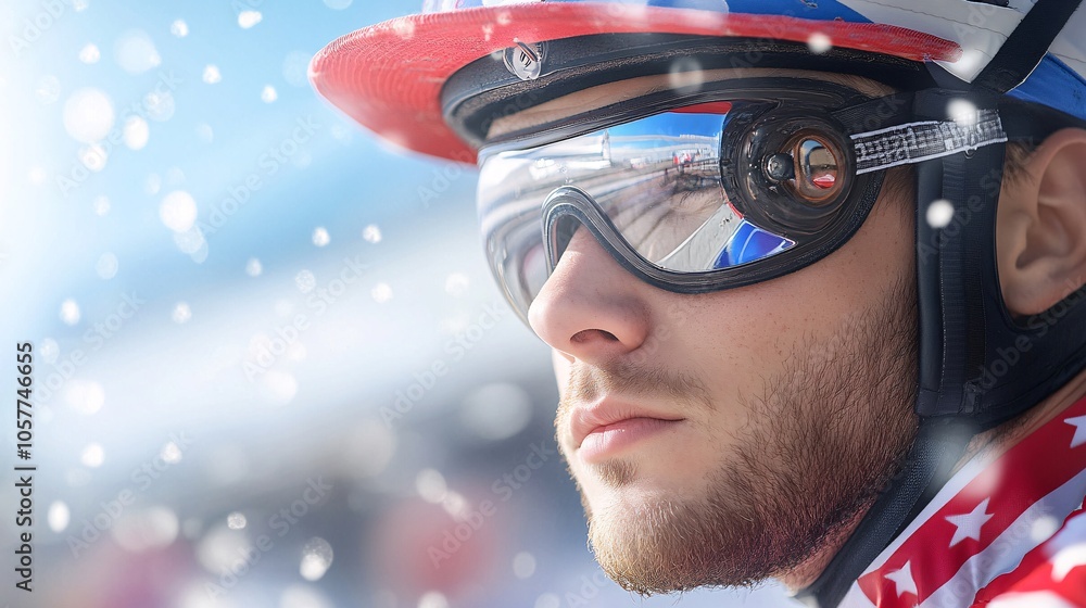 Fototapeta premium Intense Concentration of a Jockey in Snowy Conditions
