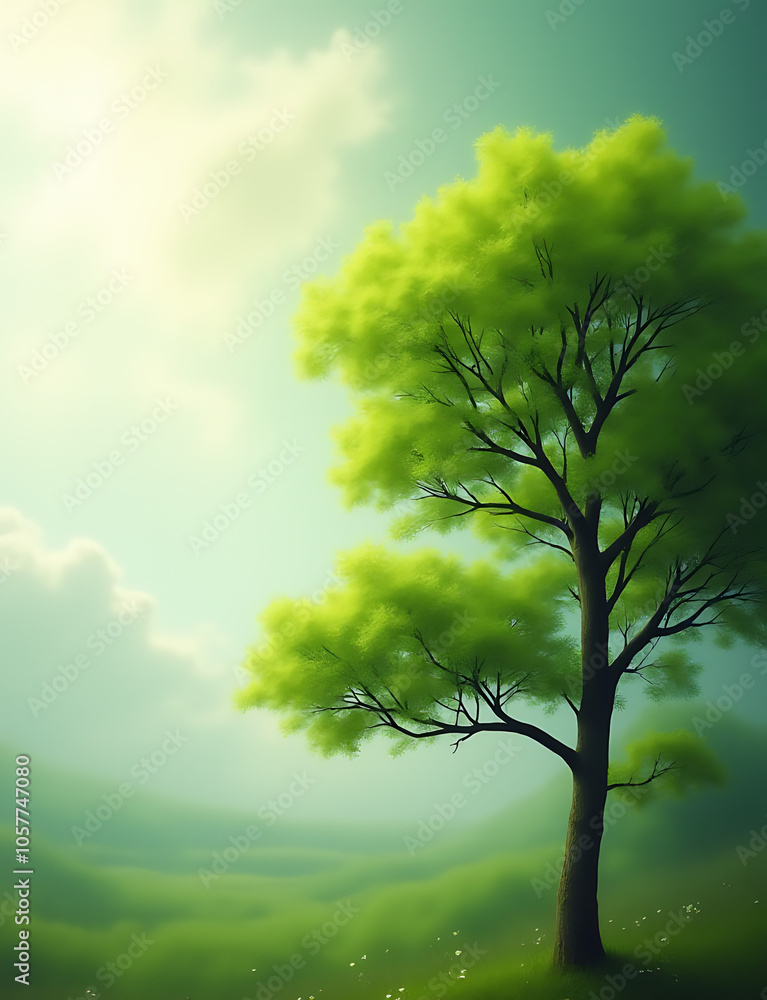 Green tree against a blurred sky with soft natural light creates a peaceful atmosphere. Green tree against a blurred sky with soft natural light creates a peaceful atmosphere.