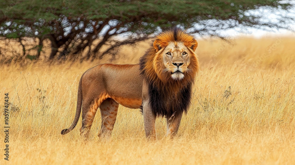 A majestic male lion with a thick black mane stands in a tall grass field, looking directly at the camera. A majestic male lion with a thick black mane stands in a tall grass field, looking directly at the camera.