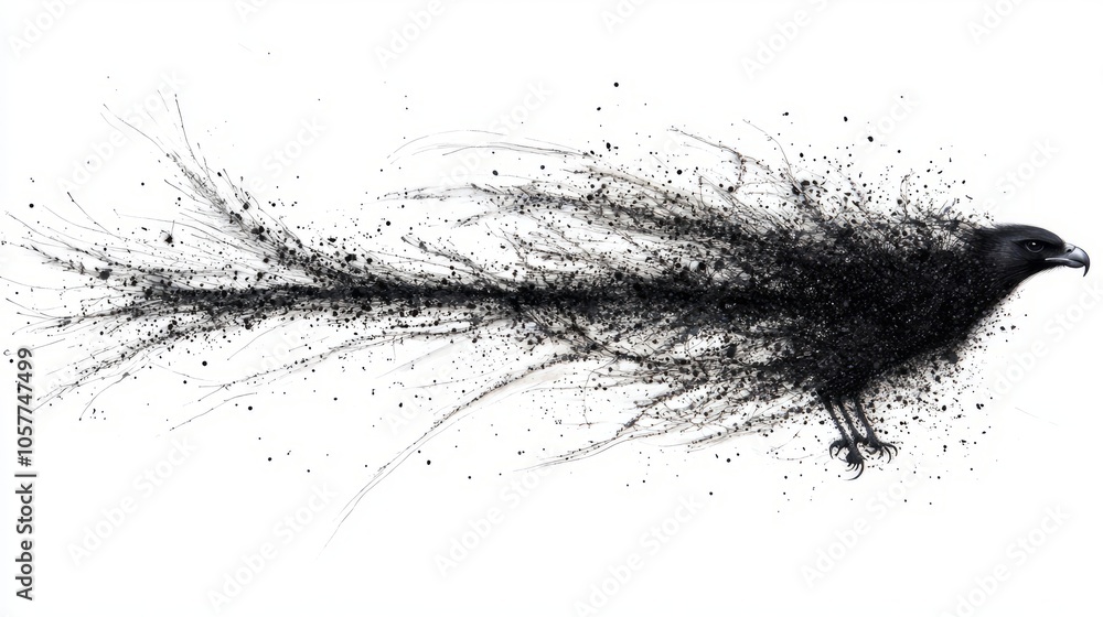Abstract black and white illustration of a crow with a long tail of ink splatters. Abstract black and white illustration of a crow with a long tail of ink splatters.