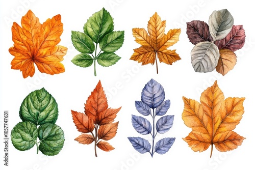 A collection of illustrated leaves in various colors and shapes, showcasing nature's diversity.