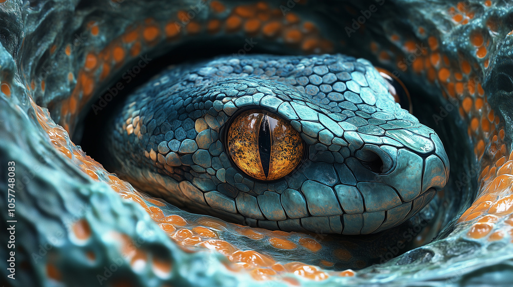 Fototapeta premium A close-up view of a vibrant green and orange snake coiling around itself in a natural habitat setting