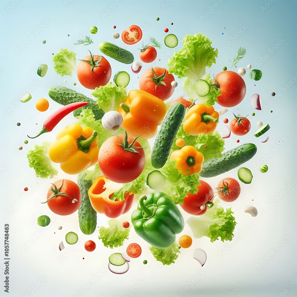 Floating Freshness: An Artful Arrangement of Bright Salad Ingredients—Tomatoes, Cucumbers, Bell Peppers, and Crisp Lettuce Leaves in Mid-Air, Perfect for Healthy Eating Concepts Floating Freshness: An Artful Arrangement of Bright Salad Ingredients—Tomatoes, Cucumbers, Bell Peppers, and Crisp Lettuce Leaves in Mid-Air, Perfect for Healthy Eating Concepts