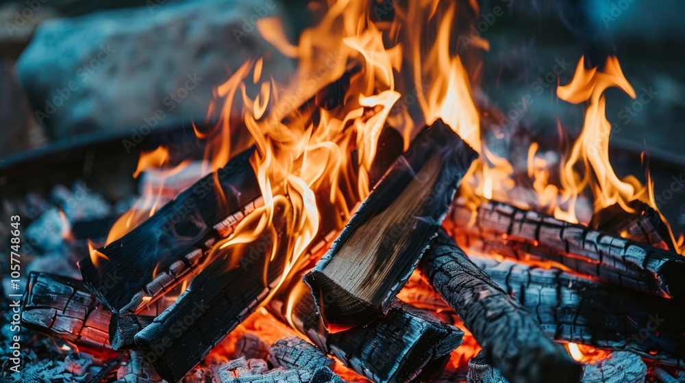 Fototapeta premium Close-up of campfire burning with bright flames and wood crackling