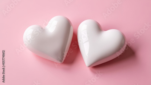 two porcelain white hearts on a pink background