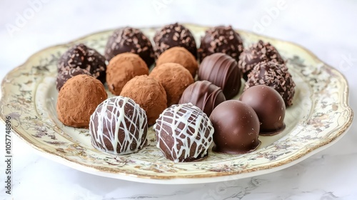 A plate of assorted gourmet chocolate truffles on a white background.