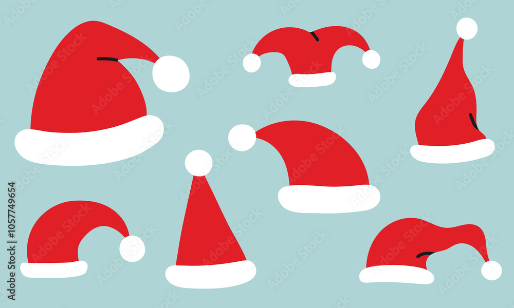Santa Claus red hat set isolated on blue. Flat vector illustration. Santa Claus red hat set isolated on blue. Flat vector illustration.