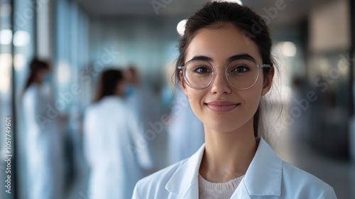 A woman wearing glasses and a white lab coat is smiling for the camera