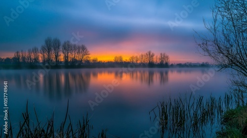 A serene sunrise over a still lake with mist rising from the water. Silhouetted trees line the shore, with a vibrant orange and blue sky.