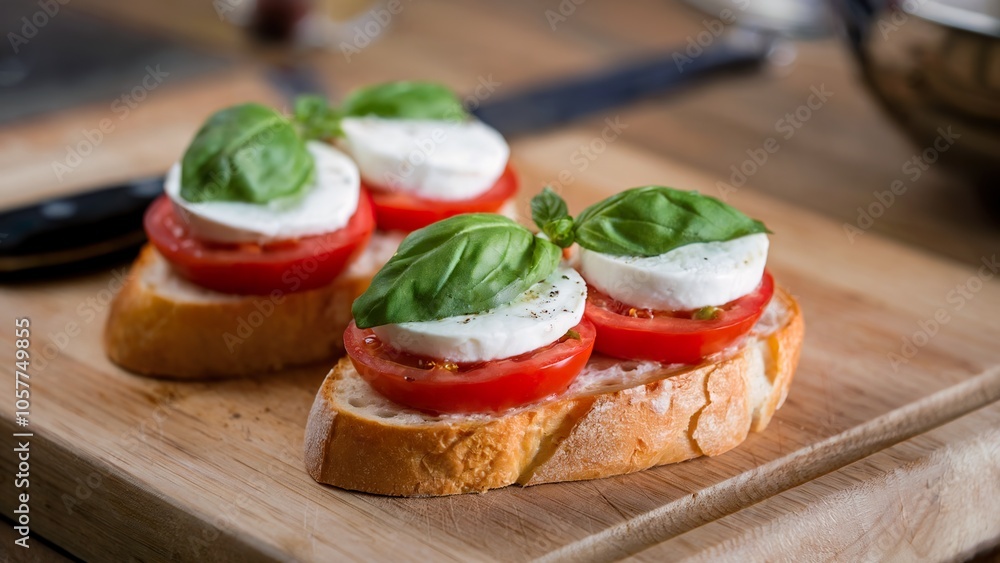 Bruschetta topped with tomatoes, mozzarella, and basil on a wooden cutting board Bruschetta topped with tomatoes, mozzarella, and basil on a wooden cutting board