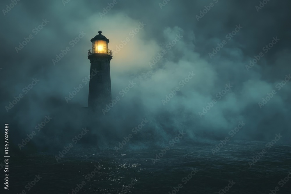 A Lonely Lighthouse Standing Tall in a Foggy Sea A Lonely Lighthouse Standing Tall in a Foggy Sea