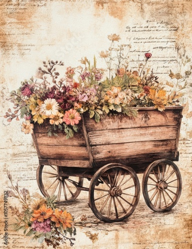 Cozy Autumn Flower Wagon Design Paper l Moody Calm Floral with Fall Season Leaves, Vintage Old Texture Distressed Grunge Print, Watercolor Warm Atmosphere