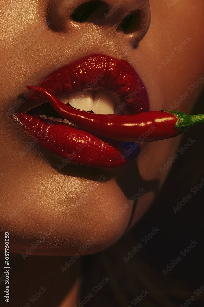 Obraz premium Bold Red Lips with Chili Pepper for Spicy Food and Beauty Advertising Design