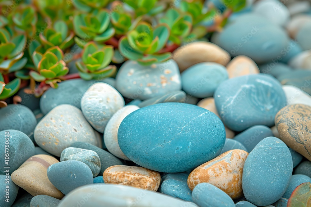 Serene blue pebbles and lush greenery create a tranquil zen garden ambiance. Concept of blue Monday Serene blue pebbles and lush greenery create a tranquil zen garden ambiance. Concept of blue Monday