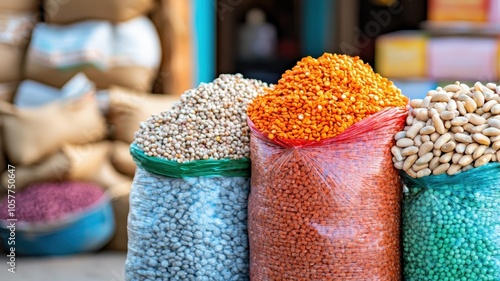 Colorful bags of lentils and legumes in a market setting.