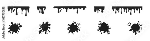 Dripping blood liquid borders silhouette in black ink style. Isolated dripping oil or black liquid. Vector illustration for your design. 