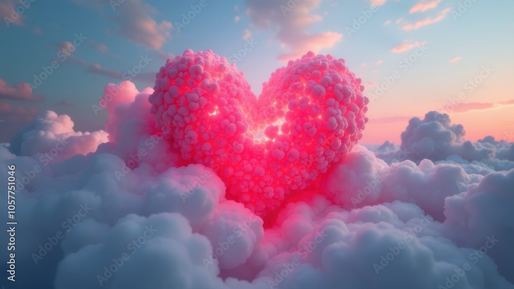 A vibrant heart-shaped cloud formation illuminated by soft pink light against a serene sky at sunset A vibrant heart-shaped cloud formation illuminated by soft pink light against a serene sky at sunset