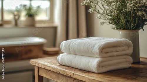 Neatly stacked white towels on a rustic wooden table in a cozy bathroom setting