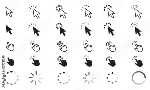 Computer mouse click cursor icon set. Load symbol collection. Pointer cursor and loading icon. Clicking cursor, pointing hand clicks icons.