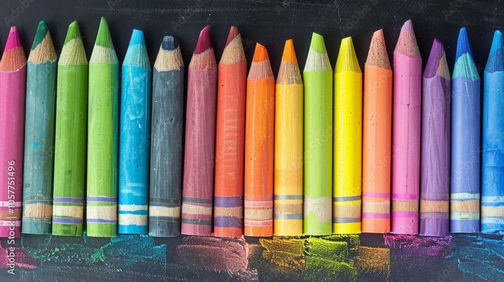 Crayons in a gradient from dark to light colors on a blackboard Crayons in a gradient from dark to light colors on a blackboard