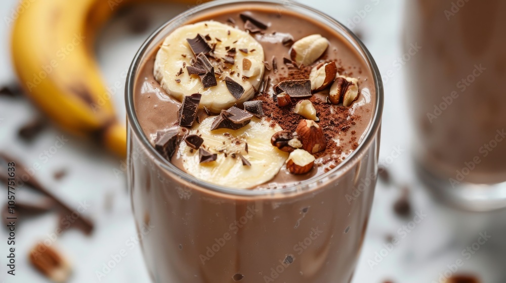 Creamy chocolate protein smoothie with banana and nuts Creamy chocolate protein smoothie with banana and nuts