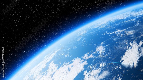 A stunning view of Earth from space, showcasing the blue atmosphere and white clouds against the backdrop of a star-filled cosmos.