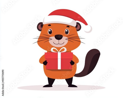 Holiday beaver, holding wrapped gift, isolated on white, flat design illustration