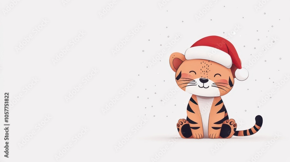 Festive tiger cub, wearing Santa hat, isolated on white, flat design illustration