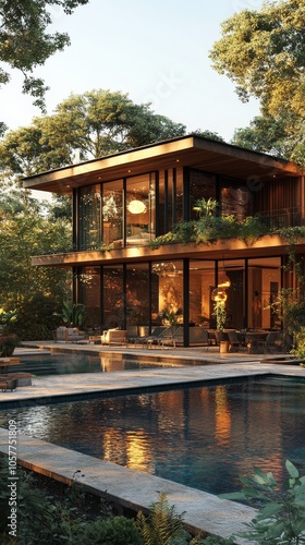 Modern house with glass facade surrounded by trees and a pool on a sunny day