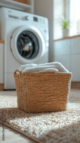 A braided basket filled with clean laundry sits in a bright laundry room near...