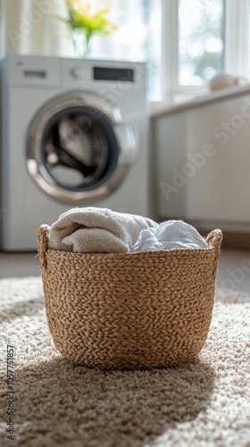 A braided basket filled with clean laundry sits in a bright laundry room near...